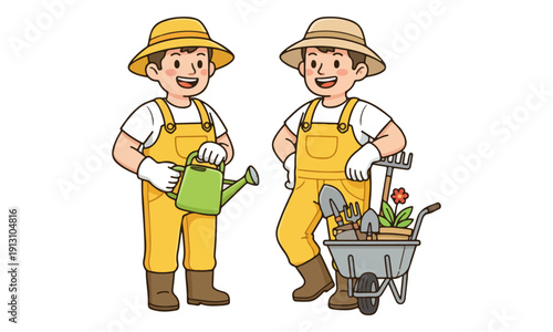 Gardeners in Yellow Overalls with Watering Can and Wheelbarrow Tools