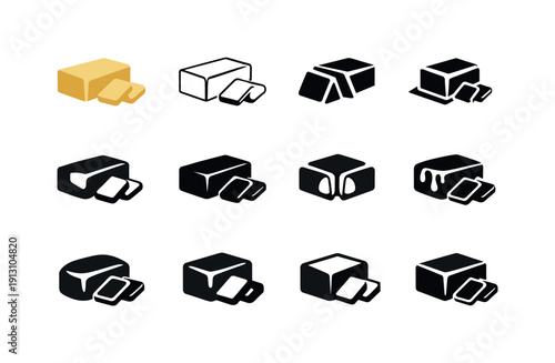 Fat in cooking. Icon set. Set Logo of fat in cooking: butter block. harmonious logo variations of the same emblematic concept, each with