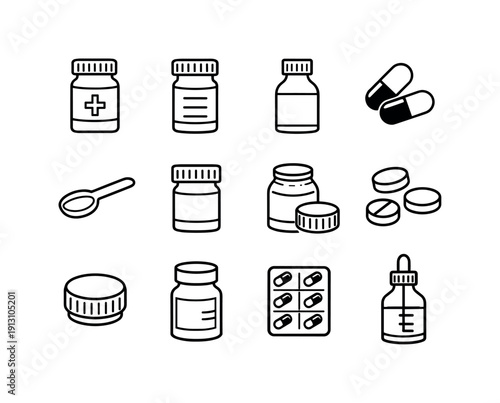 Antibiotics Icon Set. Antibiotics Bottle. Line icon set of Antibiotics Bottle: medicine bottle, pill bottle, antibiotics label, screw cap, liquid medicine