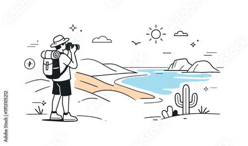 Wide-angle travel photography. A calm editorial scene with a traveler photographing a sweeping coastal or desert panorama. The illustration
