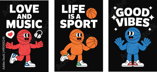 Cartoon motivational panels, love and music, life is a sport, good vibes, colorful characters, playful design, cheerful inspirational art