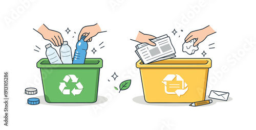 Recycling bin organization. Hands sorting bottles and paper into separate bins, expressing simple habits and mindful environmental action.