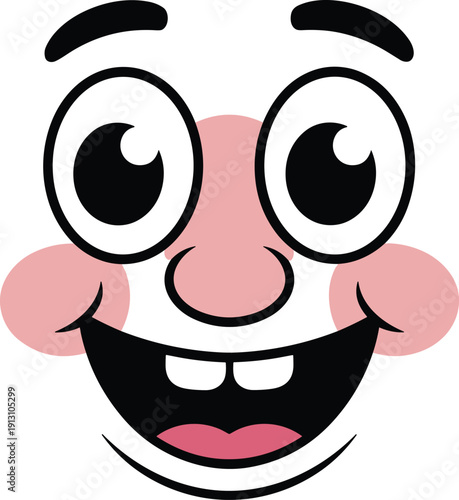 Cartoon smiling face illustration, cheerful character design, playful expression art, wide eyes, open mouth, rosy cheeks, animated fun drawing