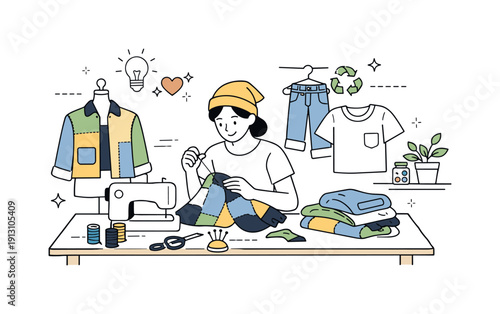 Creative Wardrobe Renewal. Upcycling garments. Designer or maker transforming old clothes into new pieces at a simple workspace, calm creative focus. Visual