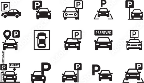   Car parking icon set with signs, lot symbols, garage and map pins for UI and signage use.