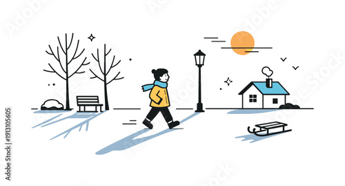 Low winter sunlight. Long shadows cast by bare trees and simple objects, emphasizing rhythm and depth created by the low sun. Clean editorial