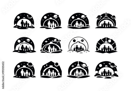 Space Habitat Family Logos. A family in a space habitat for long-term residence on another planet. Icon set. Set Logo of A family in a space habitat for
