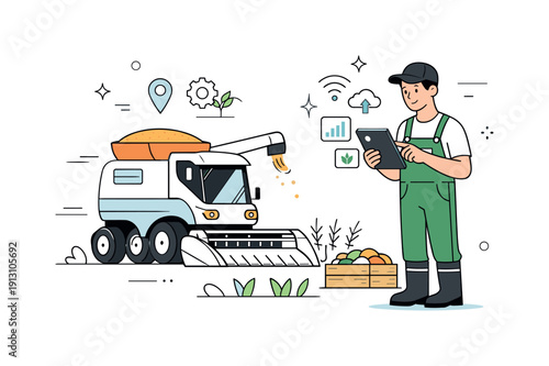 Smart farming technology. A farmer observing a harvesting robot while checking data on a tablet, calm collaboration between human and