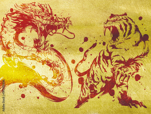 Εκτύπωση καμβά Dragon and Tiger Standoff – Japanese Ink Illustration on Gold