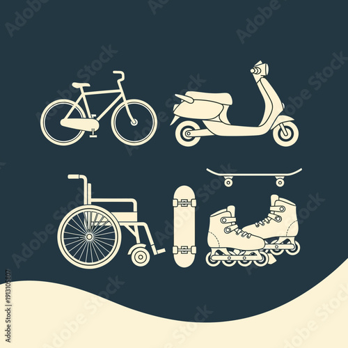 Collection of personal transportation vehicles and mobility aids.