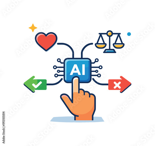 Artificial intelligence ethics a clean metaphor with decision paths branching from an AI core and guided by a human hand, expressing moral