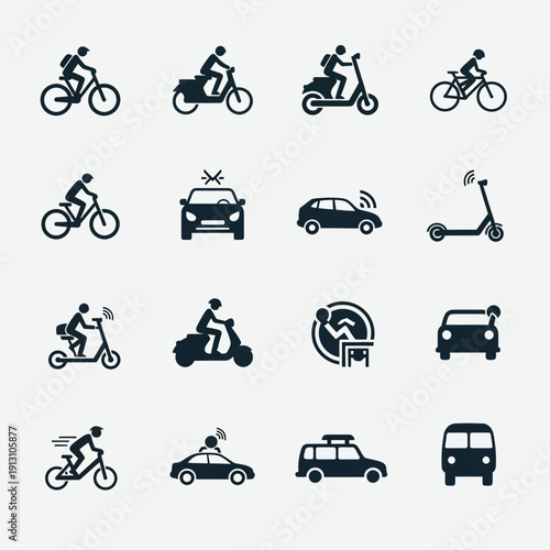 Collection of transportation icons including bicycles scooters cars and buses.