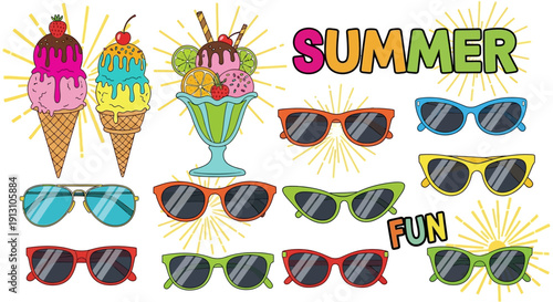 Wallpaper Mural Colorful Sunglasses and Ice Cream Cones Illustrating Summer Fun Torontodigital.ca