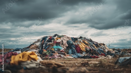 Large pile of discarded clothing and textile waste in a landfill under a stormy sky, environmental pollution concept