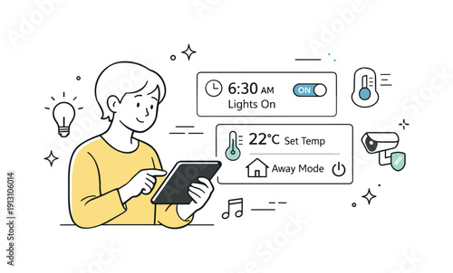 Home automation routine. A person setting schedules and rules on a tablet, expressing efficiency, comfort, and smart everyday management.