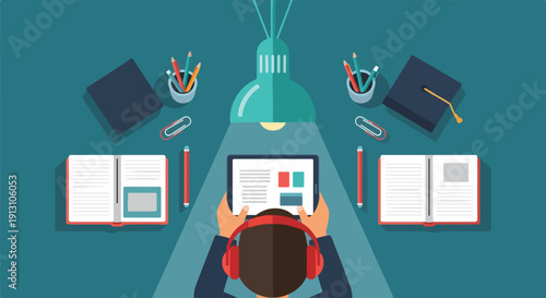 Top view of a student wearing headphones, focused on online learning with a tablet at a desk. E-learning, remote education, and digital study concept with books and lamp.