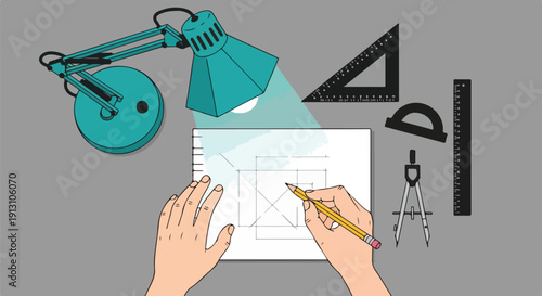 Hands drawing architectural plans. Creative design process with drafting tools: lamp, ruler, set square, compass. Engineering workspace top view.