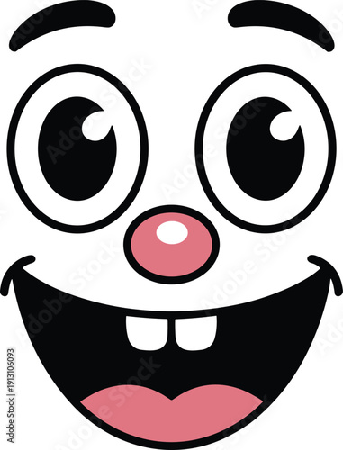 Cute cartoon happy face, funny smiling character illustration, silly goofy expression, simple flat vector design, comic bold line art graphic