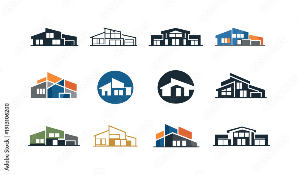 Fototapeta premium Custom-built home features. Icon set. Set Logo of Custom-built home features: modern house facade. harmonious logo variations of the same