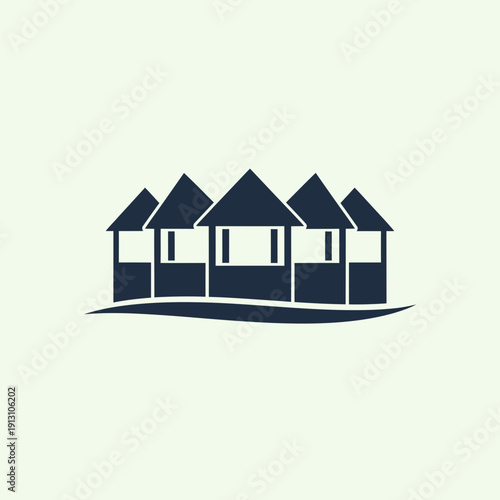 Group of Dark Blue Pavilions on a Light Green Background.