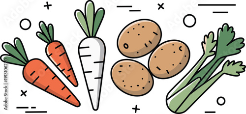 Fresh organic root vegetables cartoon doodle, healthy vegan food flat vector illustration, raw cooking ingredients line art graphic design elements