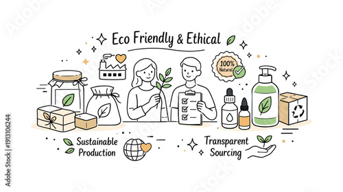 Eco-friendly branding concept. Minimal packaging with organic symbols and botanical accents, calm natural palette. Editorial scene