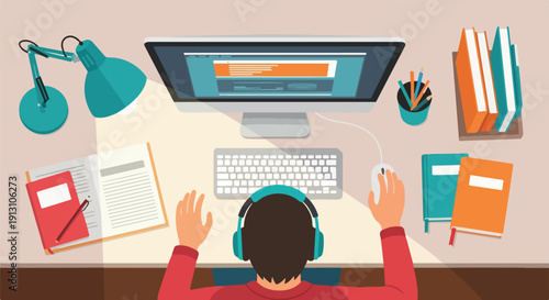 Overhead illustration of person in headphones focused on computer at desk with books and lamp, depicting remote work, online learning, or study.