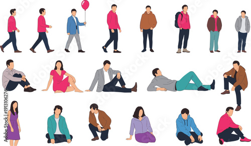 Collection of flat people characters in various poses walking sitting lying and standing isolated on white background for architectural visualization