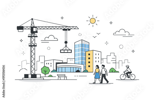 A construction crane over a developing city district, representing growth and change. A serene final scene showing a nearly completed urban