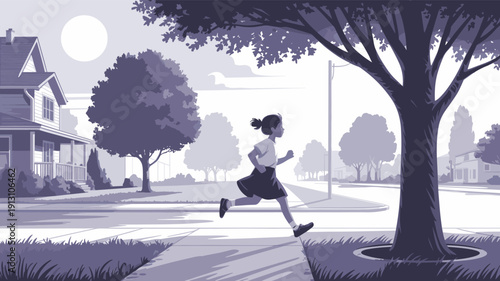 Girl running on suburban sidewalk, monochromatic vector landscape illustration, active healthy child jogging, morning exercise fitness concept, neighborhood street scene
