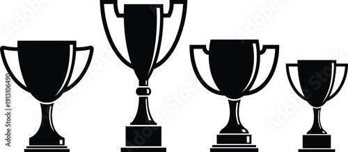 Collection of four different black trophy cup silhouettes in various sizes and shapes isolated on white background for sports awards