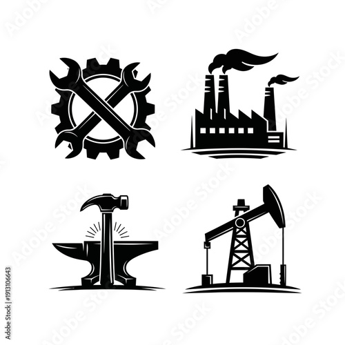 Industrial icons set with factory oil pump anvil and tools.