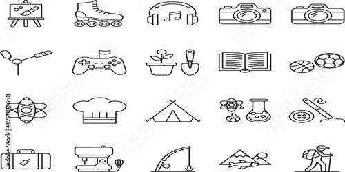 Creative Education and Outline Hobby and Lifestyle Icon Set Featuring Sports, Science, Cooking, Gaming, Music, Travel, Nature, and Creative Activities Vector Co