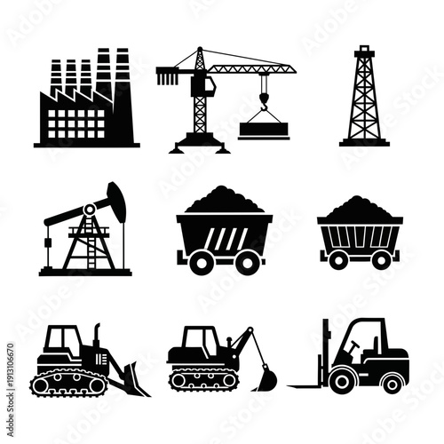 Industrial machinery and equipment icons set.