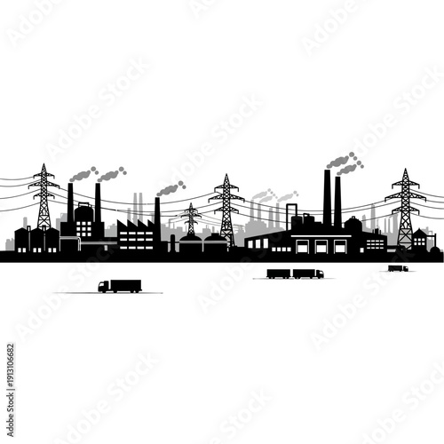 Industrial Landscape with Factories and Power Lines.