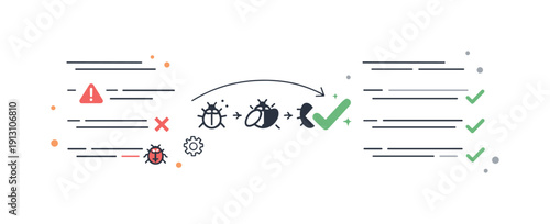 Debugging Transformation Illustration. Debugging concept illustration. Abstract code lines with highlighted errors turning into checkmarks, calm visual