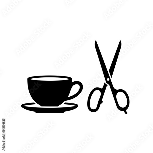 Black silhouette of a coffee cup and saucer next to scissors.