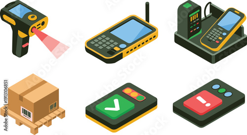 Warehouse logistics equipment, barcode scanner, handheld device, docking station, pallet box, approval device, alert control, supply chain management illustration