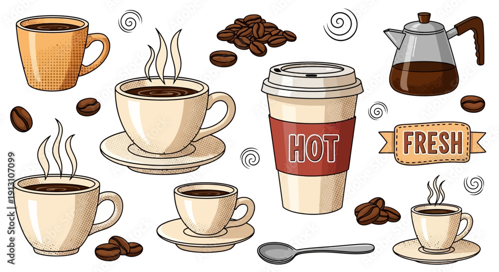Fototapeta premium Assorted coffee cups and beans arranged artistically on a clean white surface