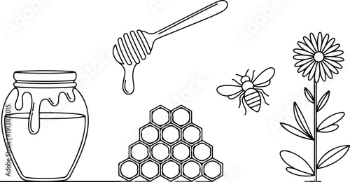 Honey Outline Icon Set Bee, Jar and Honeycomb Vector