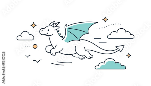 Dragon in Flight. Dragon in the sky. A simple editorial scene of a dragon flying slowly among clouds, showing freedom, balance, and imagination. Minimalist
