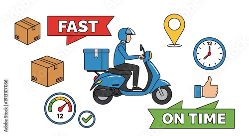 Delivery person on scooter with packages and clock