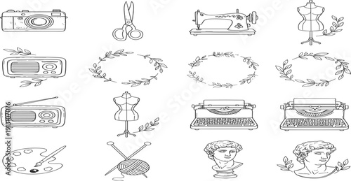 Vintage Creative Studio Icon Set with Sewing Machine, Camera, Radio, Typewriter, Art Tools, Classical Busts, and Floral Frames Vector Collection