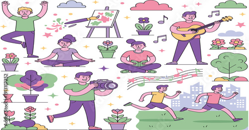 Creative Lifestyle Activities Set Illustration with Art Music Yoga Photography Reading and Sports Representing Hobbies Wellness Education and Balanced Daily Life Concept