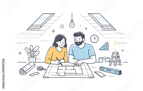 Attic Renovation Planning. Renovating the attic into a usable space. Homeowners reviewing renovation plans in a bright attic with sloped ceilings and