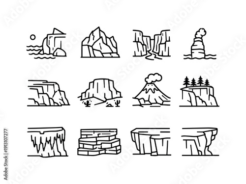 Cliff environments. Line icon set of Cliff environments: coastal cliff, mountain cliff, canyon wall, sea stack rock, limestone escarpment,