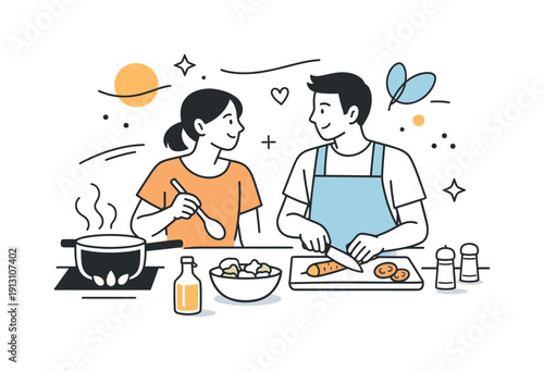 Everyday relationship moment. A couple cooking with simple utensils, exchanging glances and conversation, calm and comfortable. Abstract