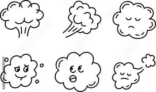 Fart Cloud Line Icons  Comic Smoke Poof and Gas Doodle Set