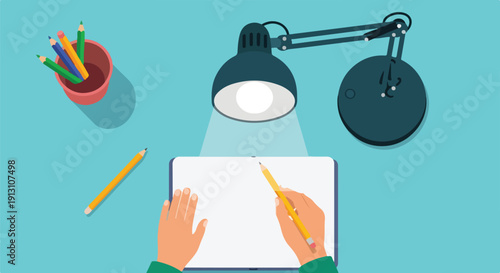 Creative workspace top view with hands drawing on digital tablet, illuminated by a desk lamp, surrounded by pencils and art supplies, flat vector illustration.