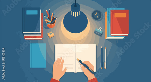 Student writing in notebook under desk lamp surrounded by books, pens, and pencils, symbolizing education and study